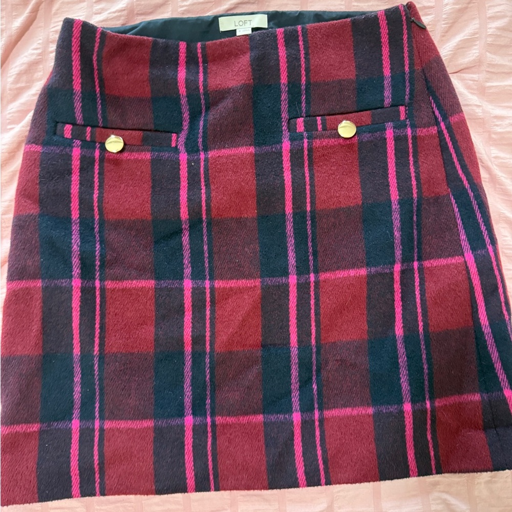 LOFT Pink & Burgundy Plaid Wool Blend Mini Skirt